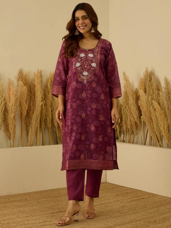 VP 9727 M Silk Blend Embroidered Straight Kurta Set with Trousers & Dupatta
